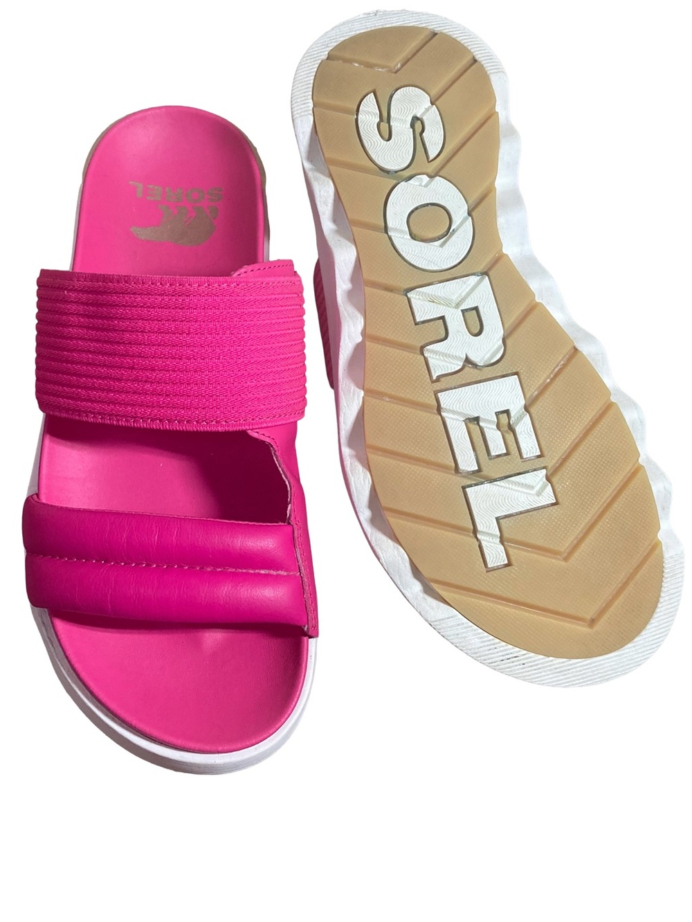Like NEW Sorel Leather Viibe Slide Hot Bright Pink Platform Sandals Dual-Strap